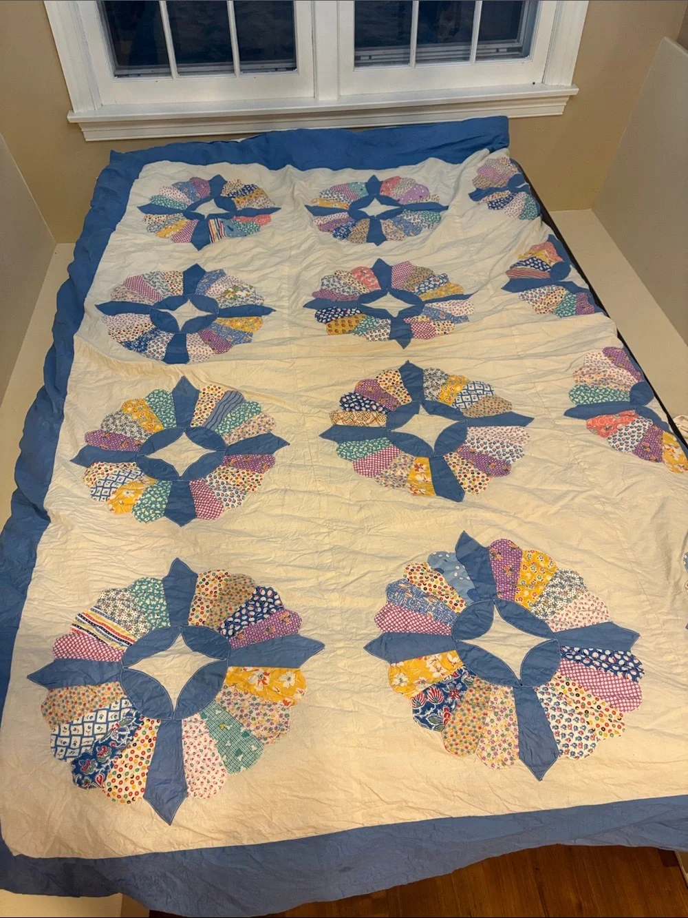 Handmade White and Blue Patchwork Quilt